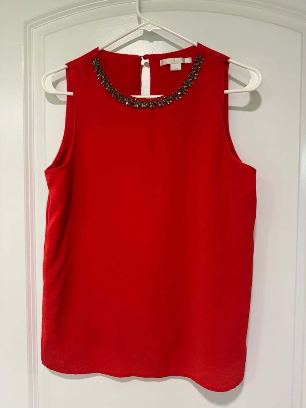 Red Rhinestone Embellished Sleeveless Blouse Jewel Neck Holiday Party Women’s S
